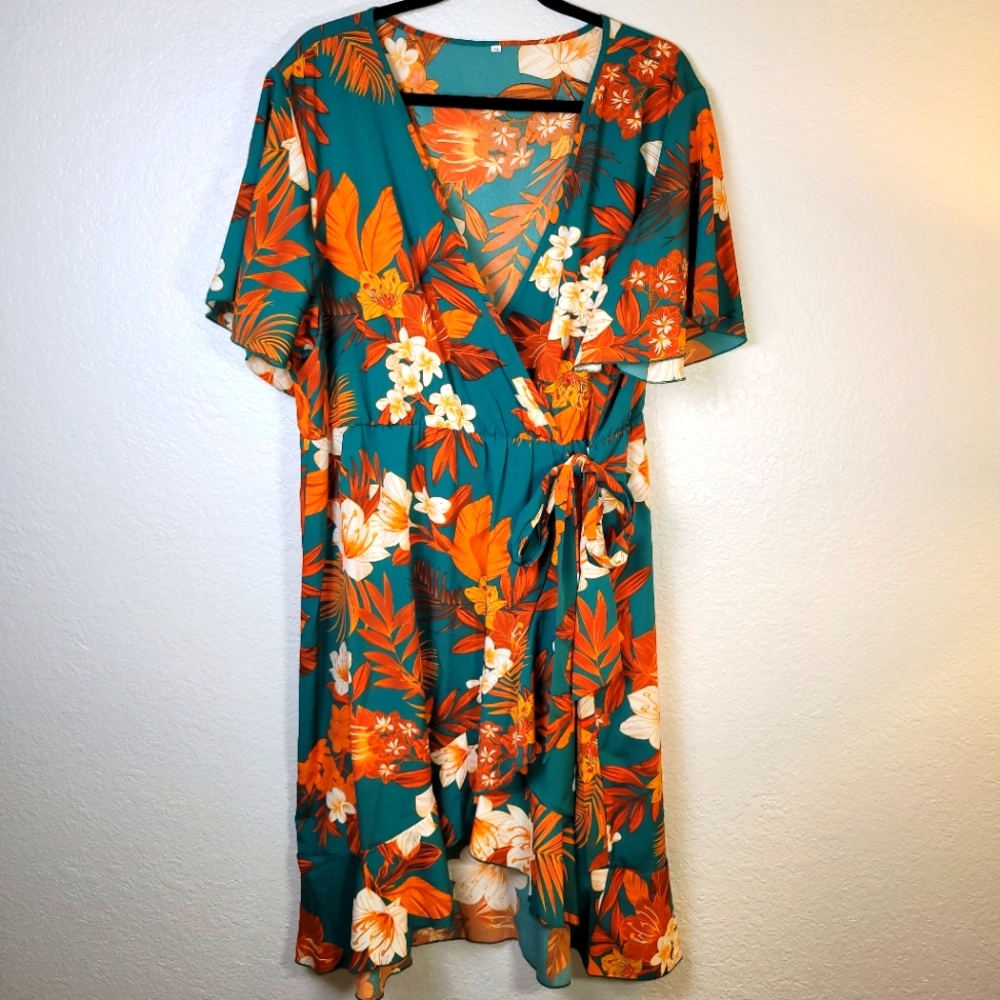 Hawaiian Tropical Floral Flare Sleeve Plus Size Ruffle Hem Plus  Faux Wrap Dress